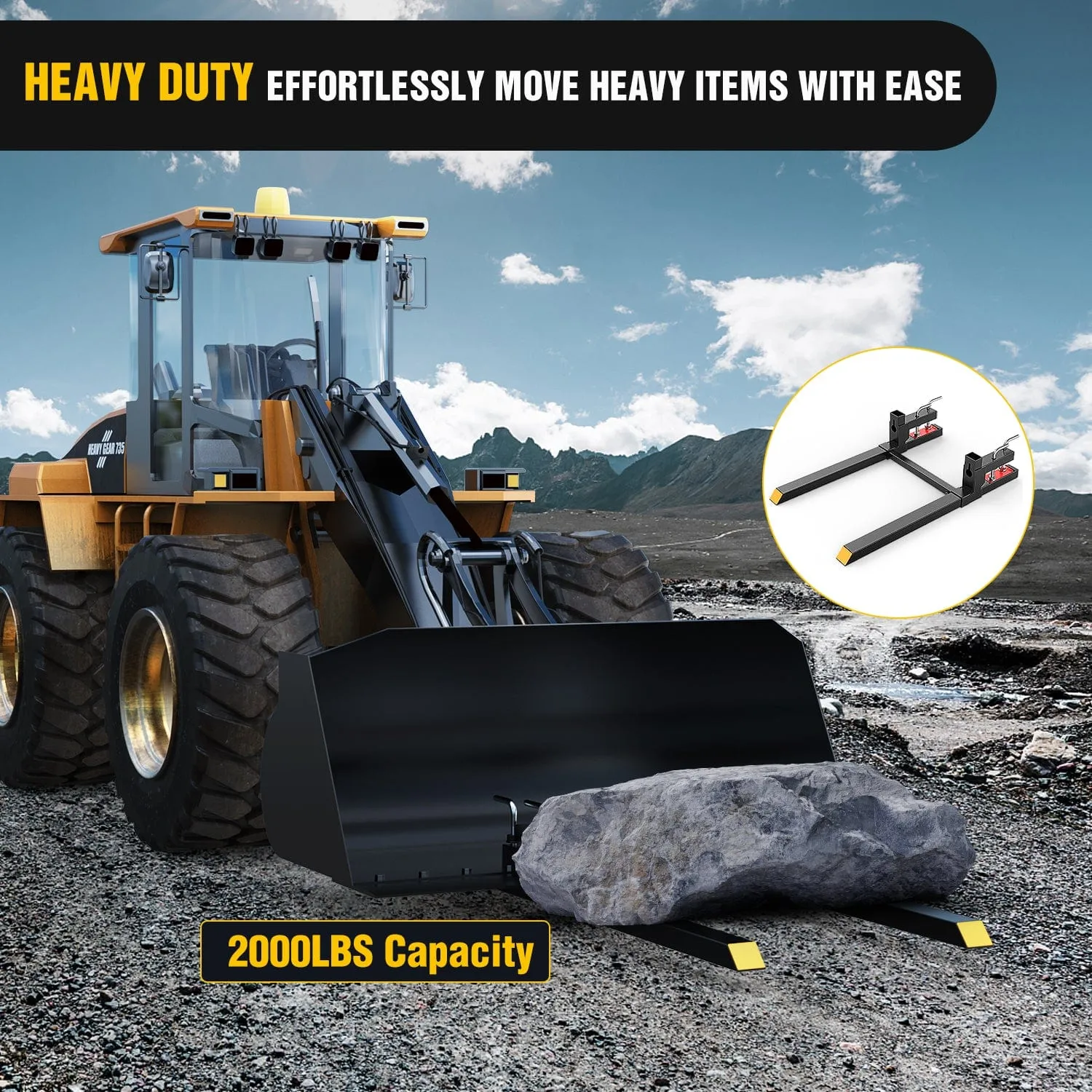 43Inch 2000lbs Clamp on Pallet Forks Heavy Duty Tractor Forks with Adjustable Stabilizer Bar