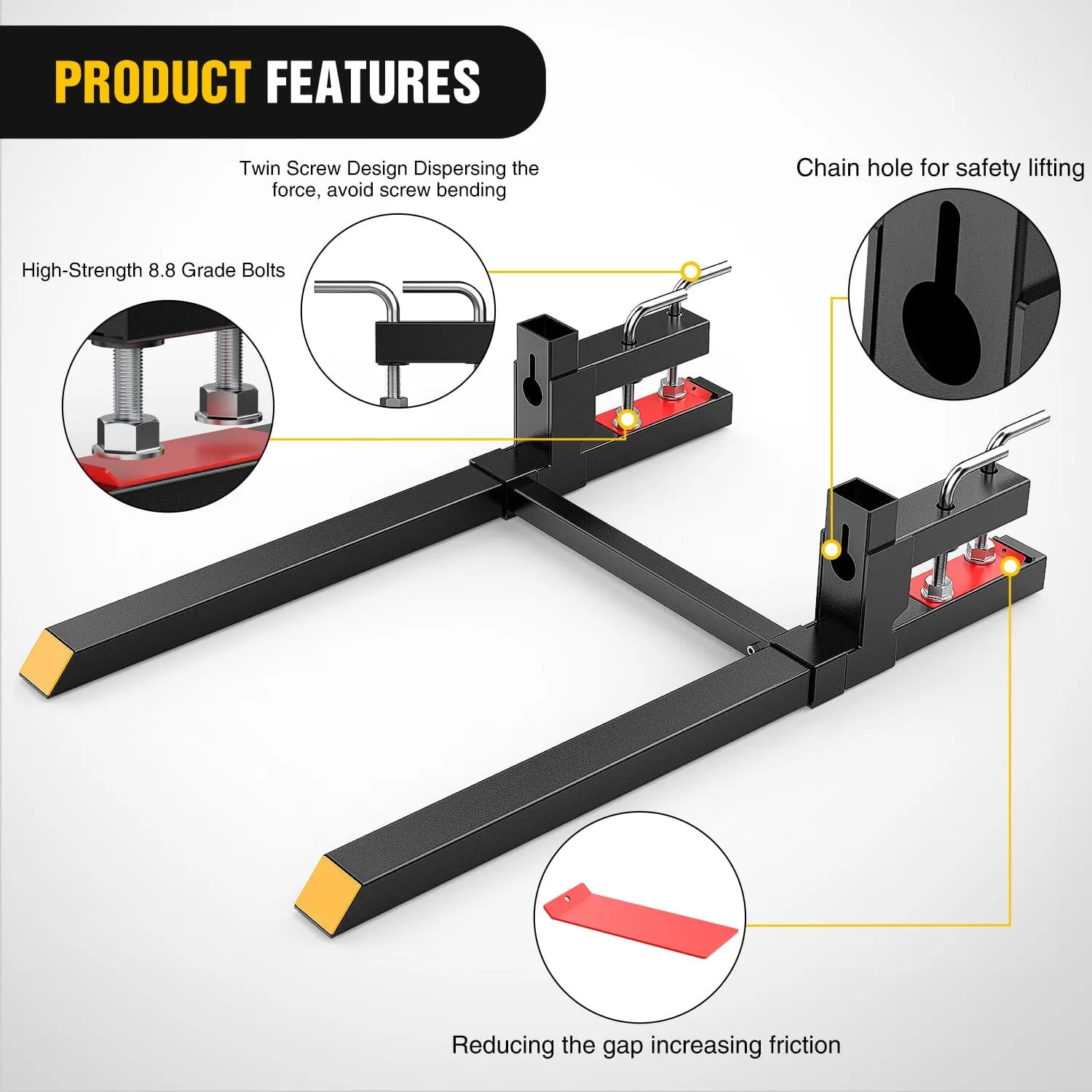 43Inch 2000lbs Clamp on Pallet Forks Heavy Duty Tractor Forks with Adjustable Stabilizer Bar