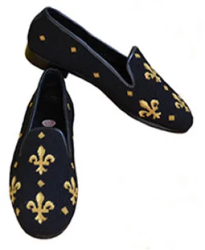 By Paige Hand-Stitched Needlepoint Loafer Black Fleur de lis