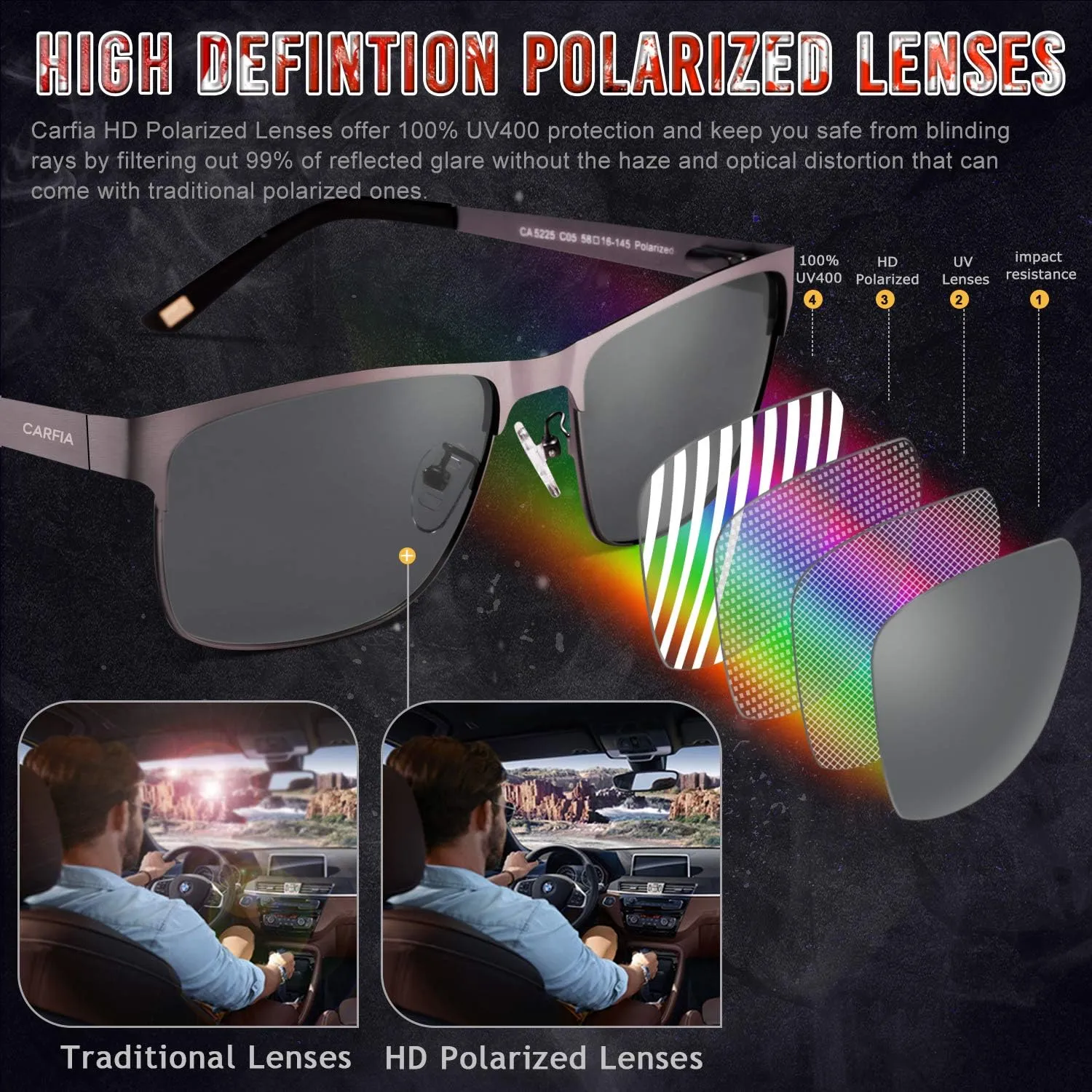 CARFIA Metal Mens Sunglasses Polarized UV400 Protection for Driving Fishing Hiking Golf Everyday Use CA5225