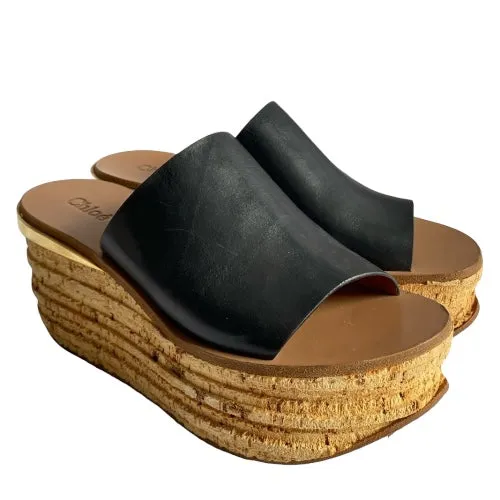 CHLOE Black Leather Cork Wedge Platform Slide Sandals, Size 38