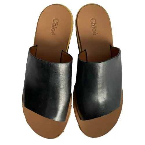 CHLOE Black Leather Cork Wedge Platform Slide Sandals, Size 38