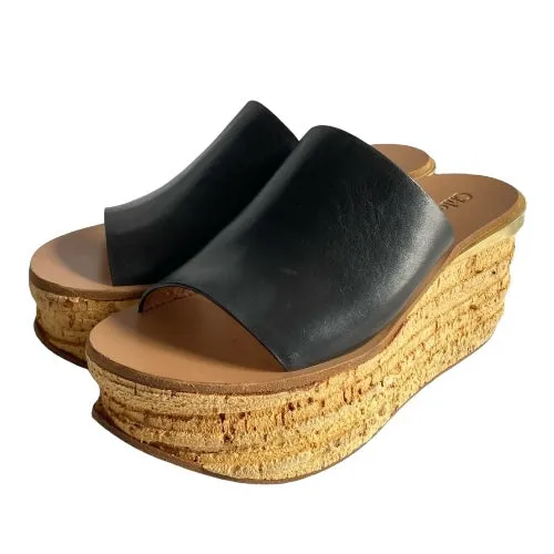 CHLOE Black Leather Cork Wedge Platform Slide Sandals, Size 38