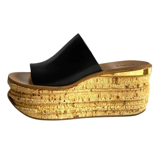 CHLOE Black Leather Cork Wedge Platform Slide Sandals, Size 38