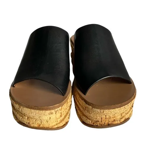 CHLOE Black Leather Cork Wedge Platform Slide Sandals, Size 38