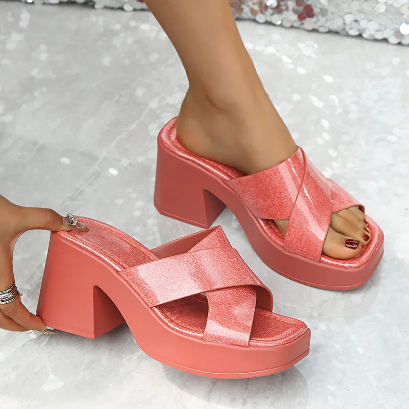Chunky platform block heels slide sandals with square toe