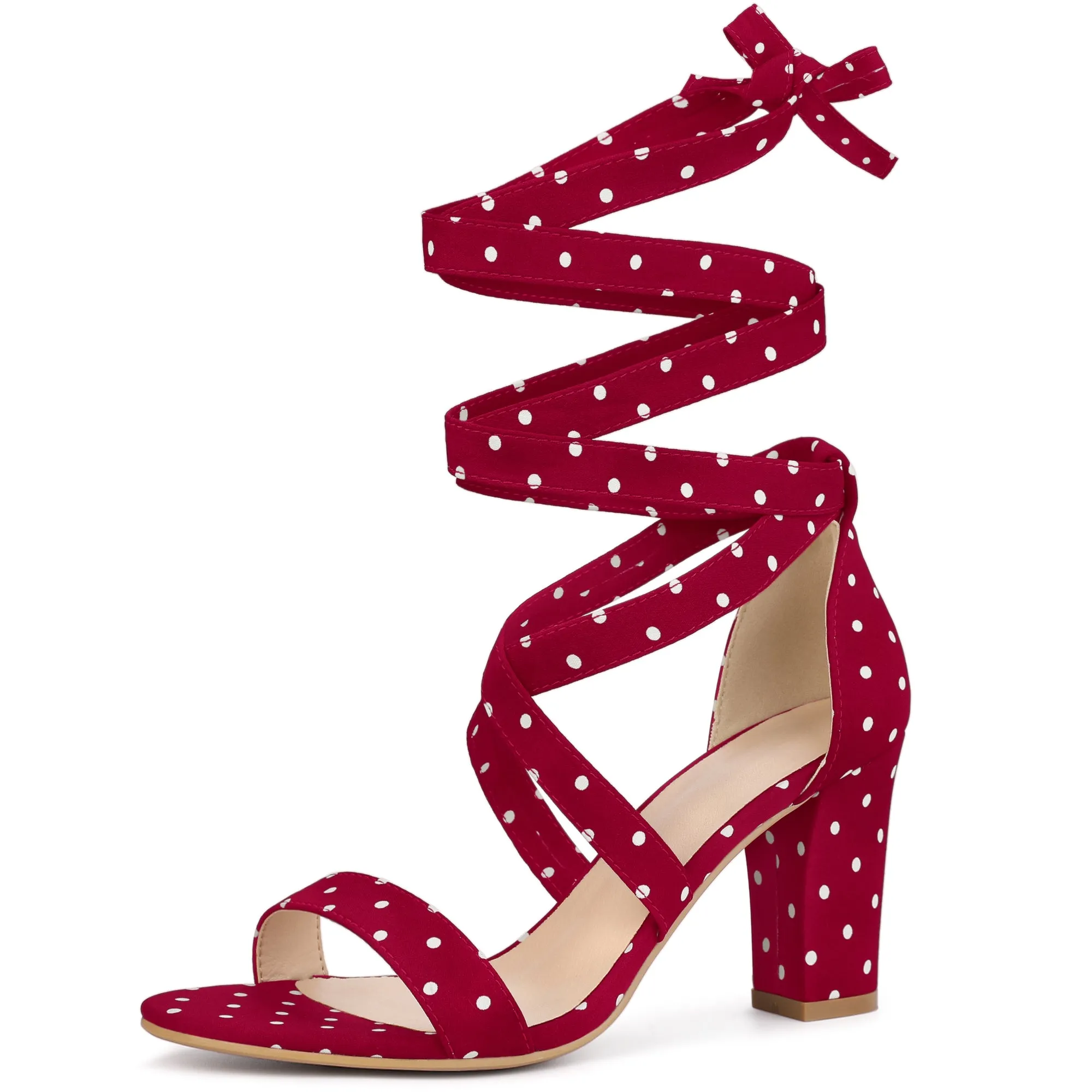 Elegant Polka Dot Strappy Lace Up Chunky Heel Sandals