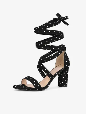 Elegant Polka Dot Strappy Lace Up Chunky Heel Sandals