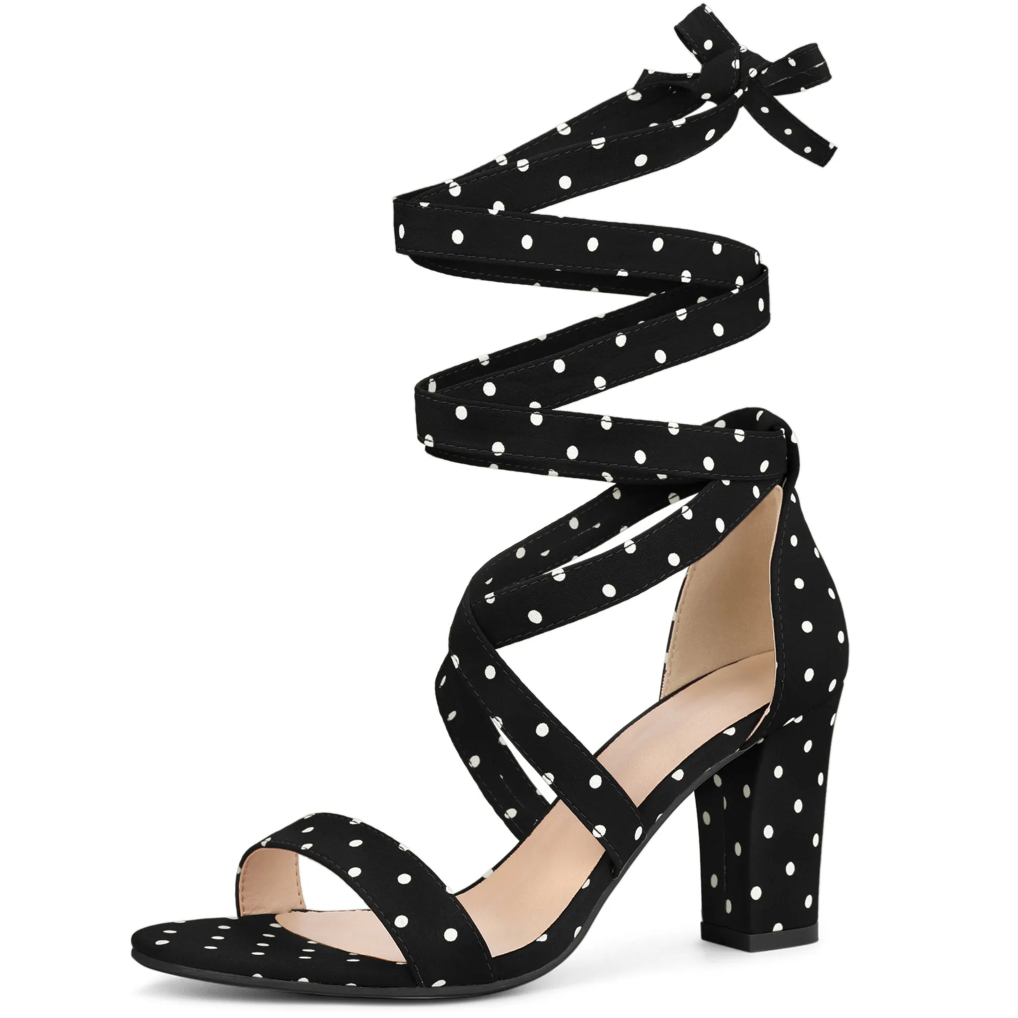 Elegant Polka Dot Strappy Lace Up Chunky Heel Sandals