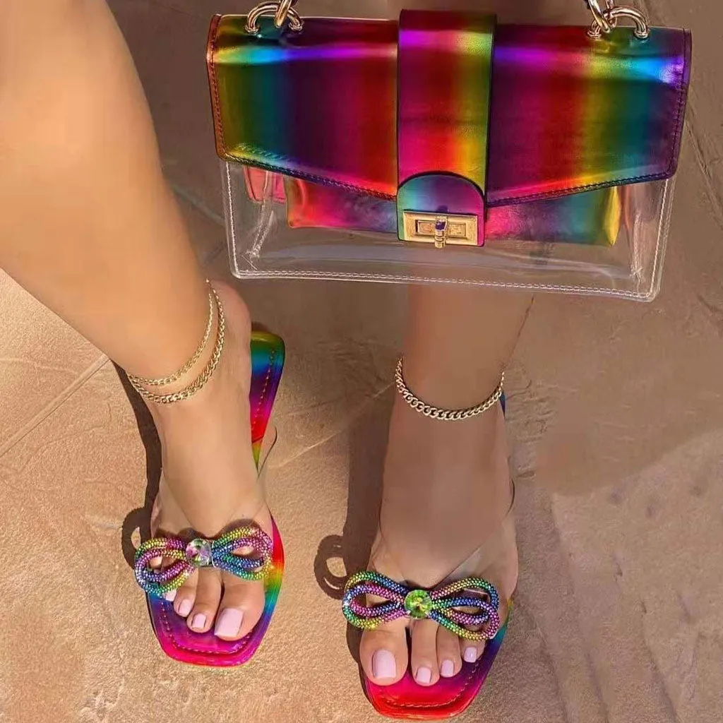 Glittering Gem Bowknot Trim Rainbow Print Square Toe Slippers - Colorful