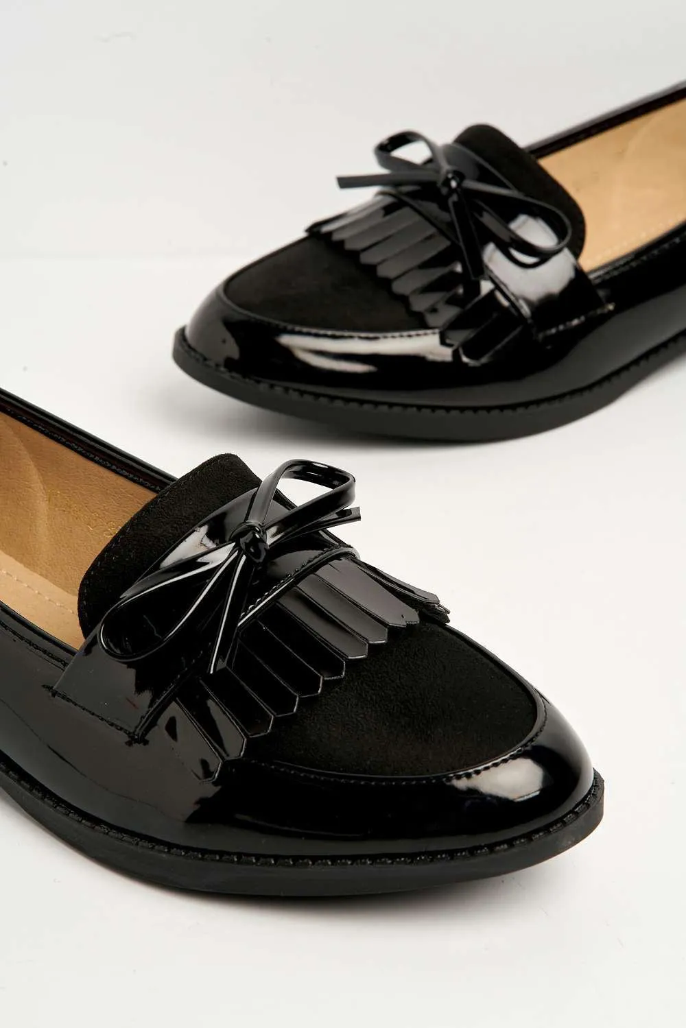 Morgan Fringe Detail Bow Loafers in Black