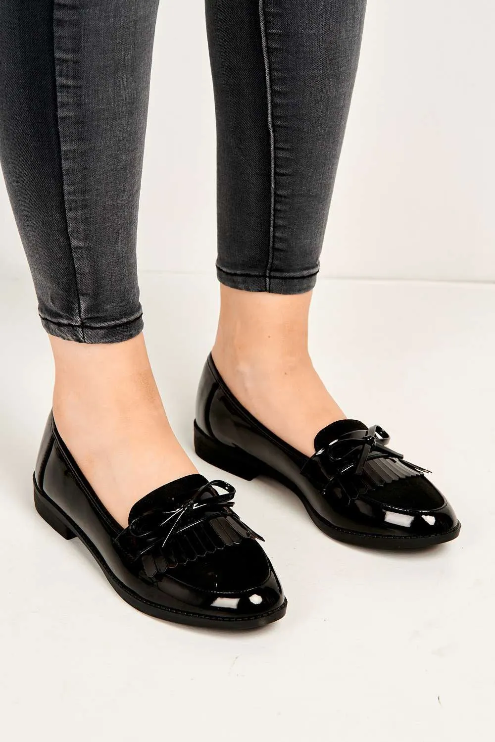Morgan Fringe Detail Bow Loafers in Black