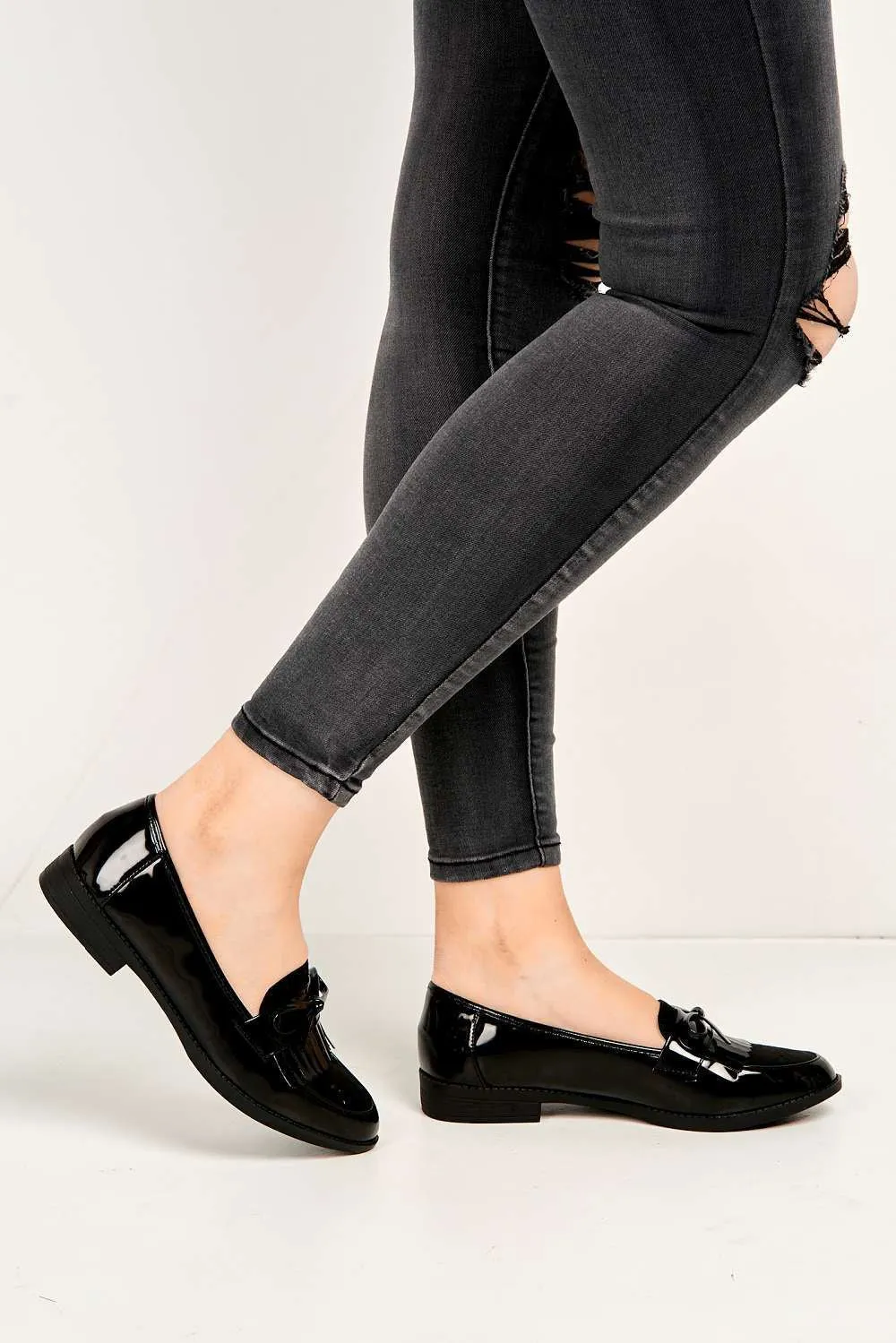 Morgan Fringe Detail Bow Loafers in Black