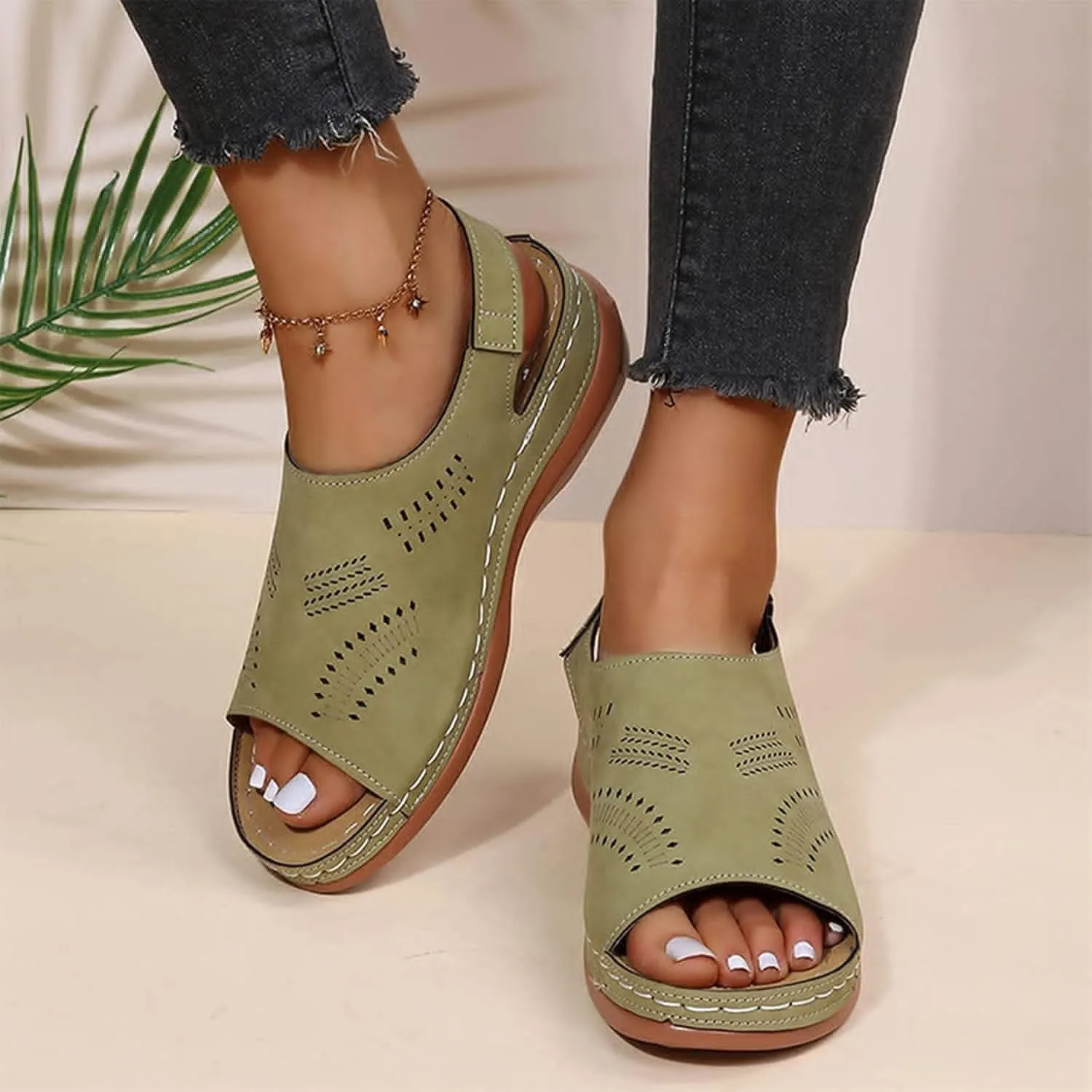 NEW ISZI Women's Summer Sandals Casual Gladiator Wedge Shoes Comfortable Ankle Strap Hollow Out with Orthopedic Arch Support Peep Toe Outdoor Platform Sandals, Green, Sz 9