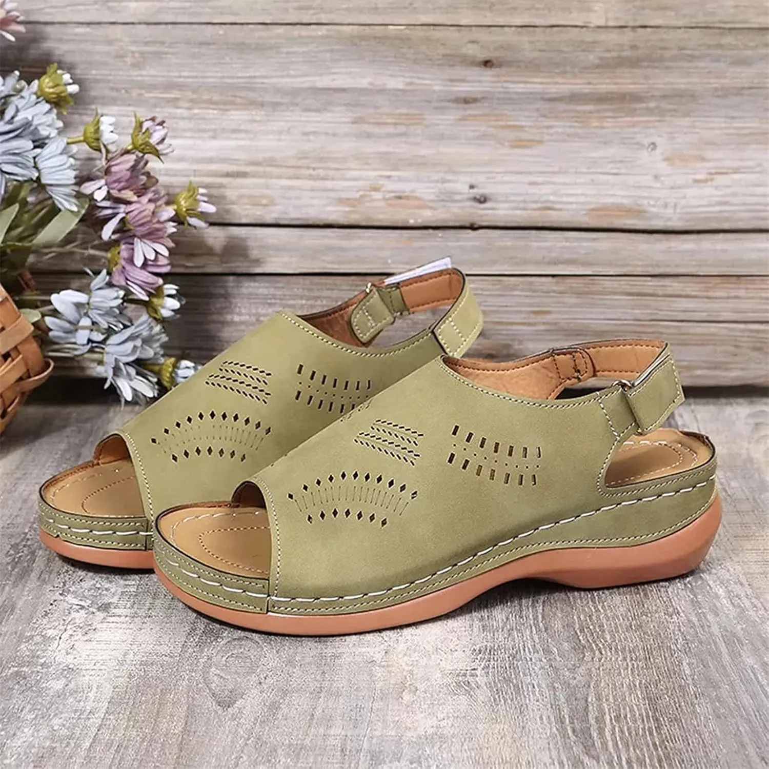 NEW ISZI Women's Summer Sandals Casual Gladiator Wedge Shoes Comfortable Ankle Strap Hollow Out with Orthopedic Arch Support Peep Toe Outdoor Platform Sandals, Green, Sz 9