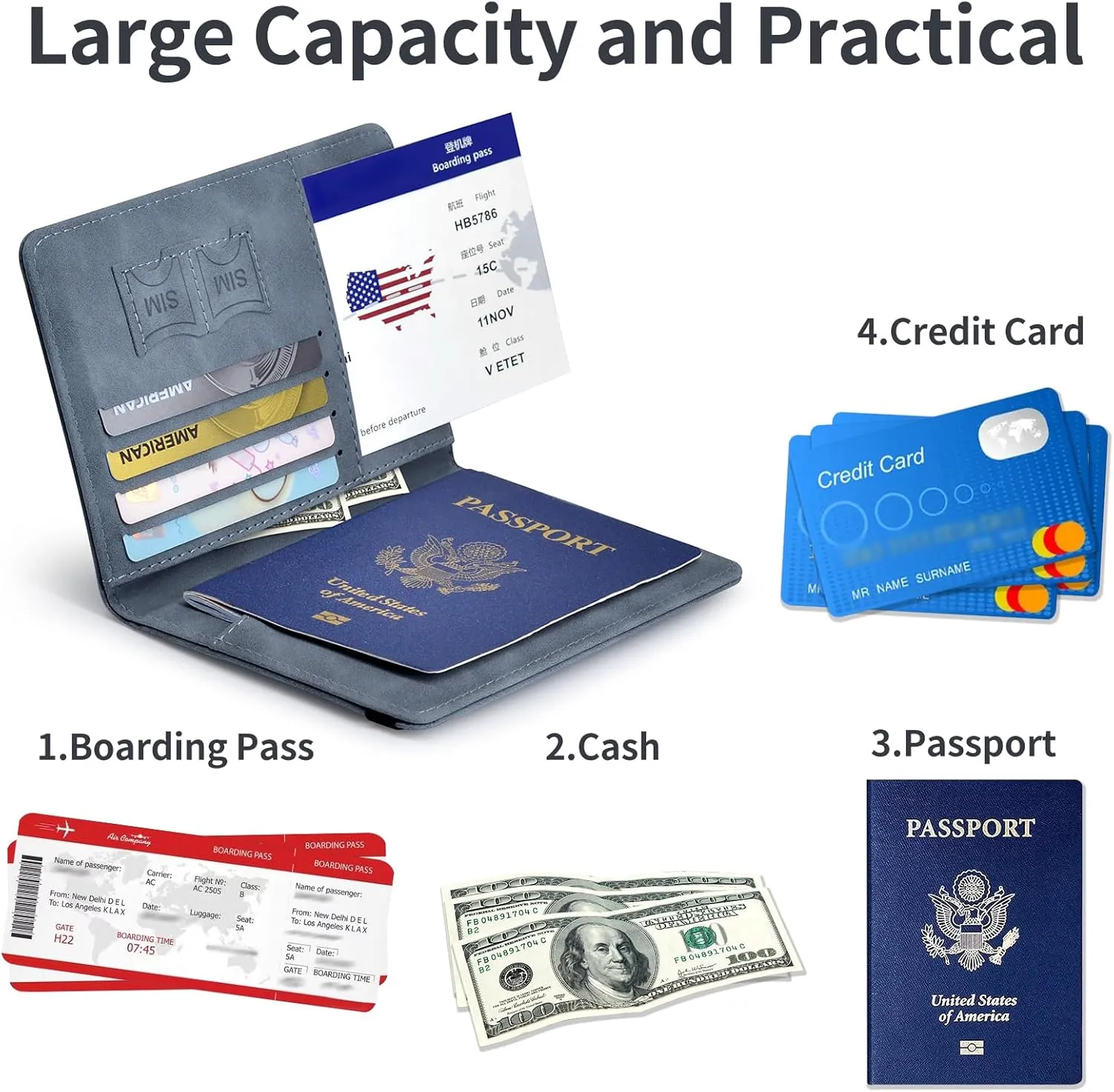 Passport Holder, Passport Cover with Credit Card Slot and Boarding Pass Slot Combo, Passport Wallet Case Book Travel Must Have, RFID Blocking Leather Travel Accessories, Marine Grey