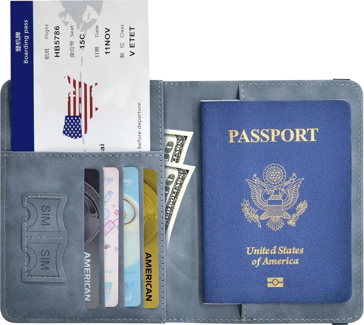 Passport Holder, Passport Cover with Credit Card Slot and Boarding Pass Slot Combo, Passport Wallet Case Book Travel Must Have, RFID Blocking Leather Travel Accessories, Marine Grey