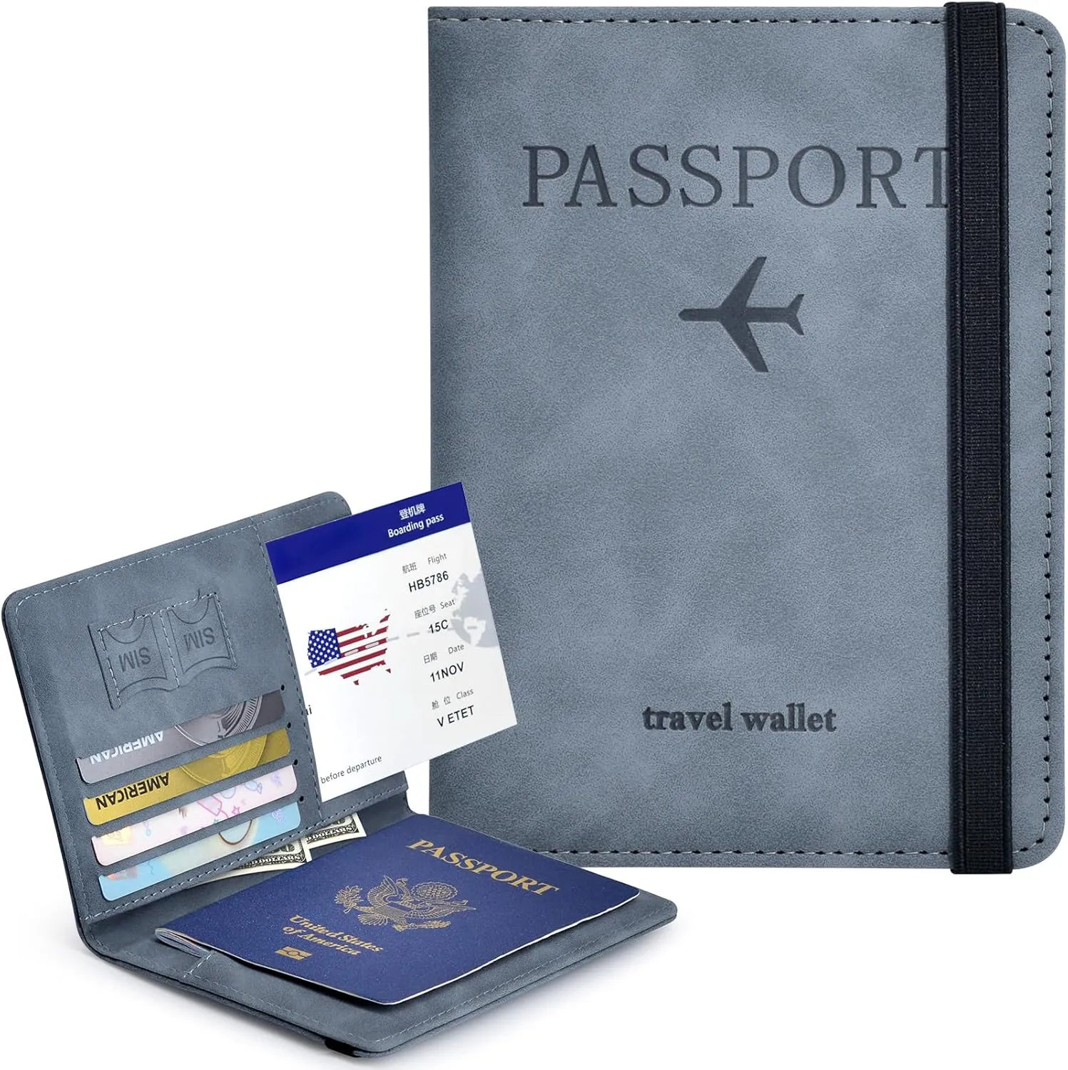 Passport Holder, Passport Cover with Credit Card Slot and Boarding Pass Slot Combo, Passport Wallet Case Book Travel Must Have, RFID Blocking Leather Travel Accessories, Marine Grey