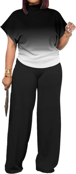 PINSV Lounge Sets For Women Casual 2 Piece Outfits Baggy Short Sleeve Top And Flare Pants Tracksuits