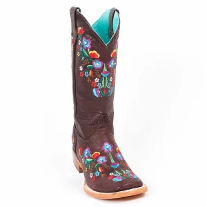 Quincy Boots Womens Napa Leather Floral Chocolate Ranch Toe Western Boot