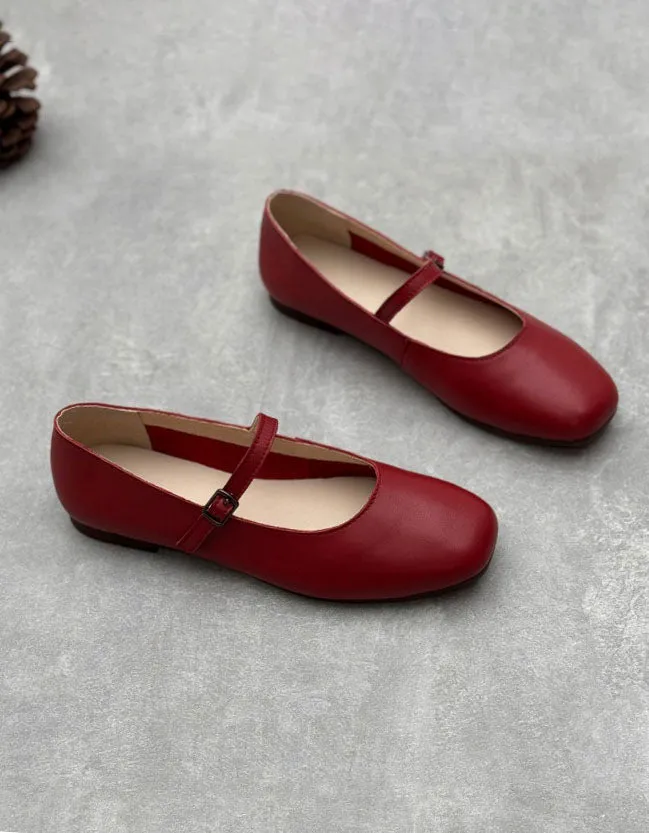 Spring Single Buckle Soft Leather Retro Flat Pumps