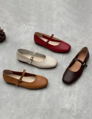 Spring Single Buckle Soft Leather Retro Flat Pumps