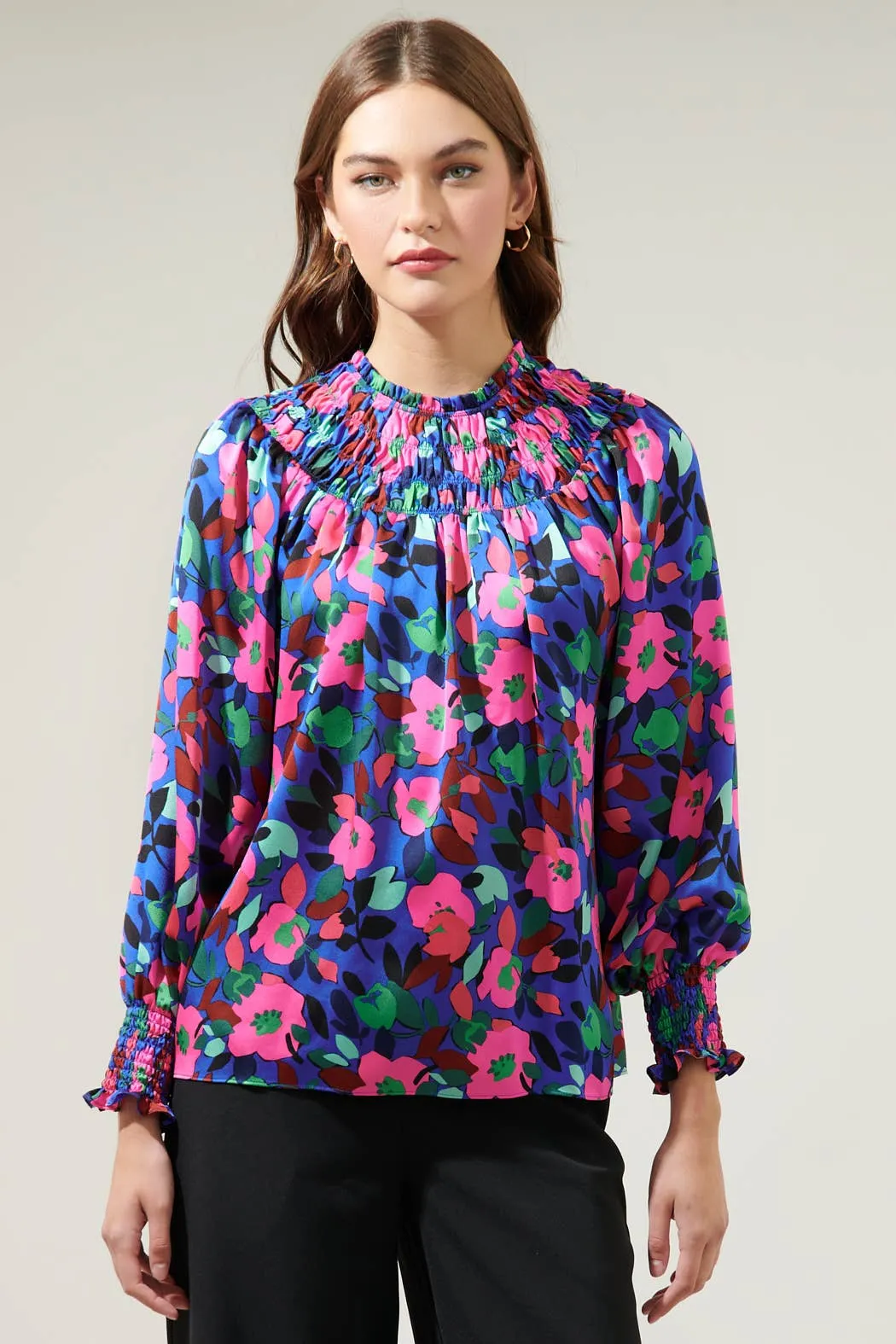 Vivi Berry Floral Bonsoir Smocked Raglan Sleeve Blouse-Sugarlips