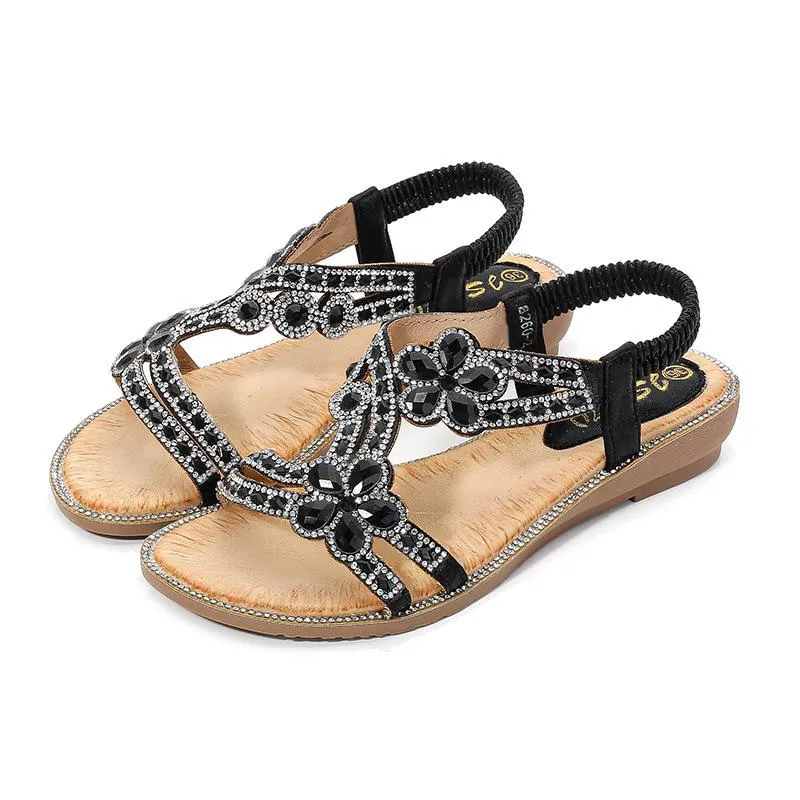 Women boho crystal flower low wedge elastic backstrap sandals