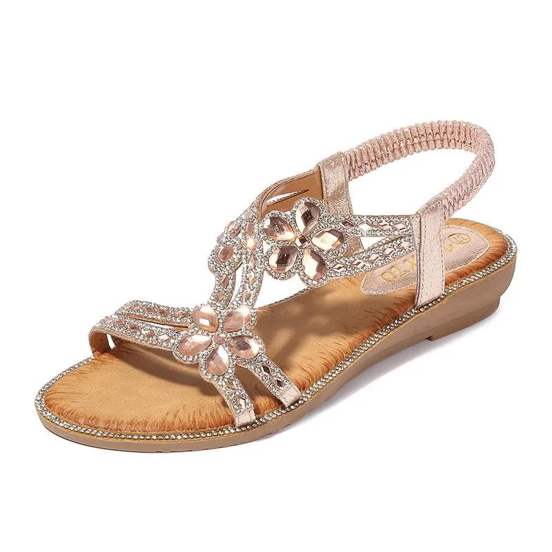Women boho crystal flower low wedge elastic backstrap sandals