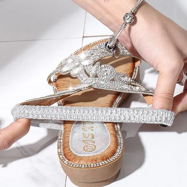Women boho crystal flower low wedge elastic backstrap sandals