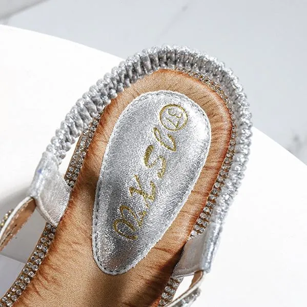 Women boho crystal flower low wedge elastic backstrap sandals