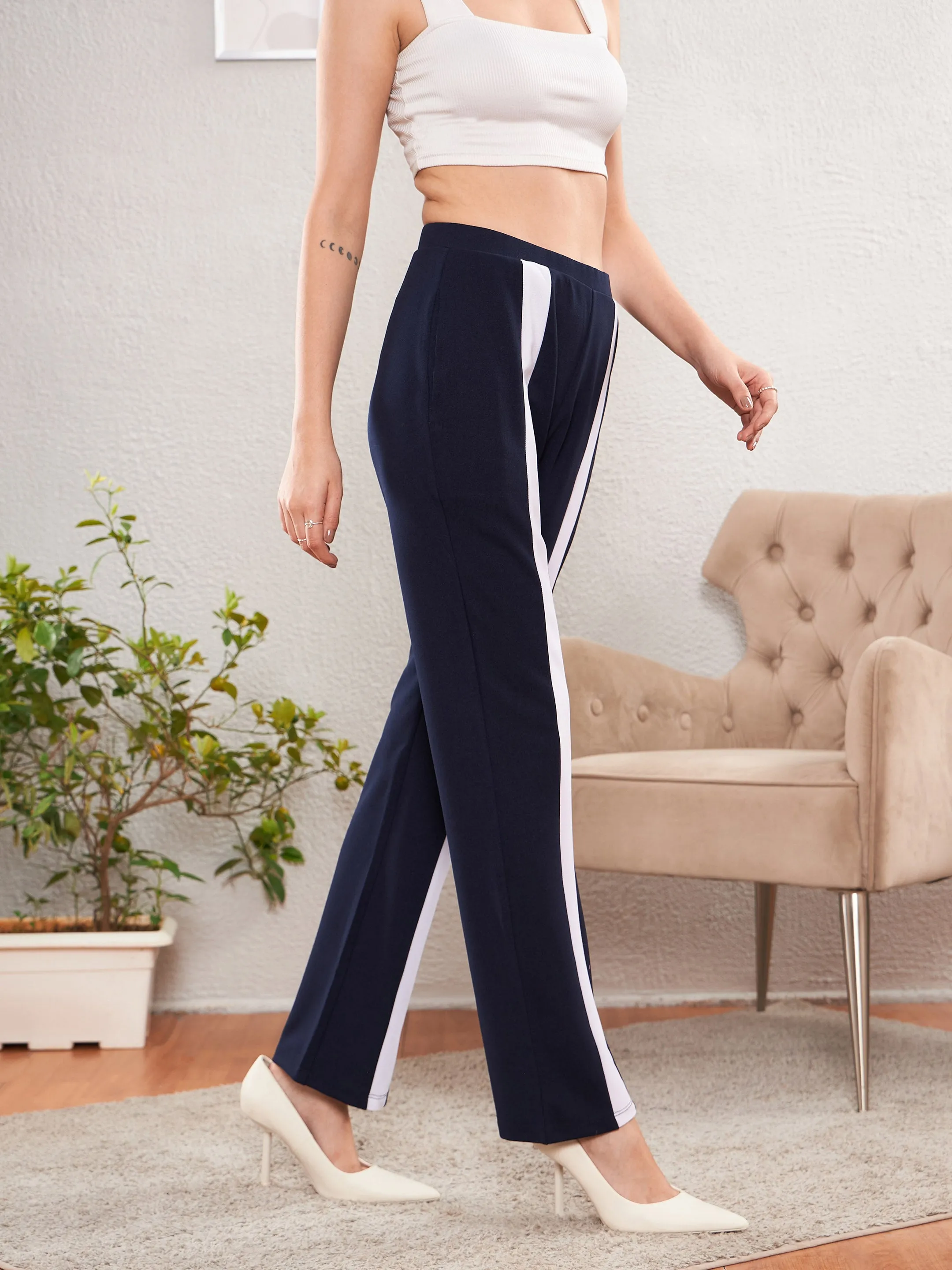Women Navy Front Tape Bootleg Pants