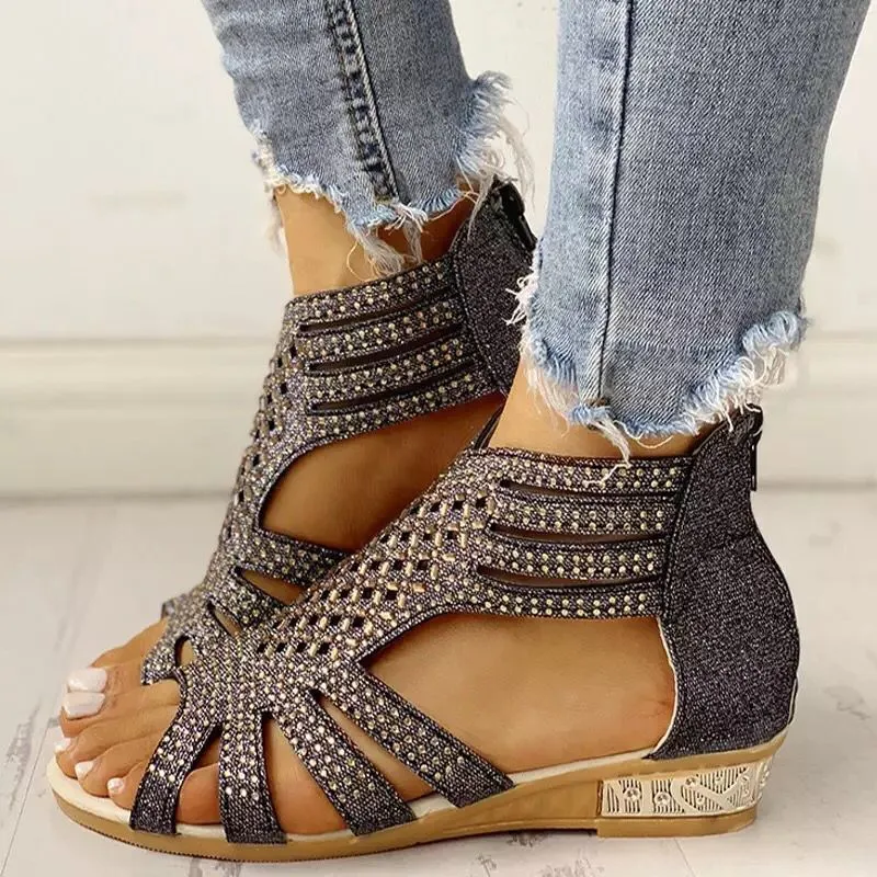 Women sequin rhinestone peep toe low wedge sandals with back zipper