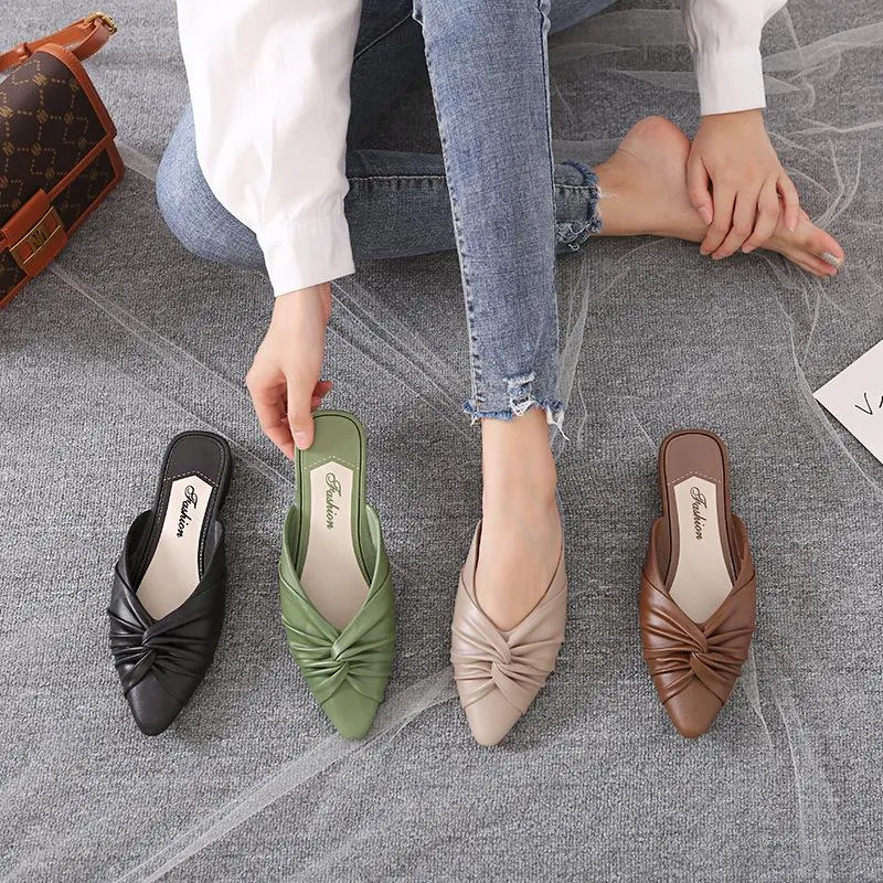 Women's flat mules twist closed toe slide sandals