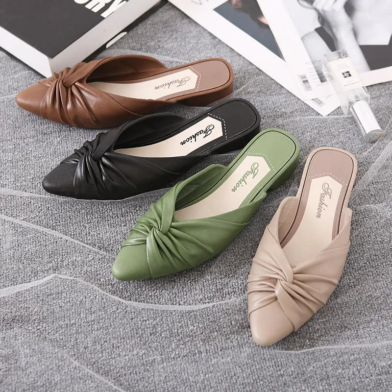 Women's flat mules twist closed toe slide sandals