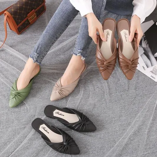 Women's flat mules twist closed toe slide sandals