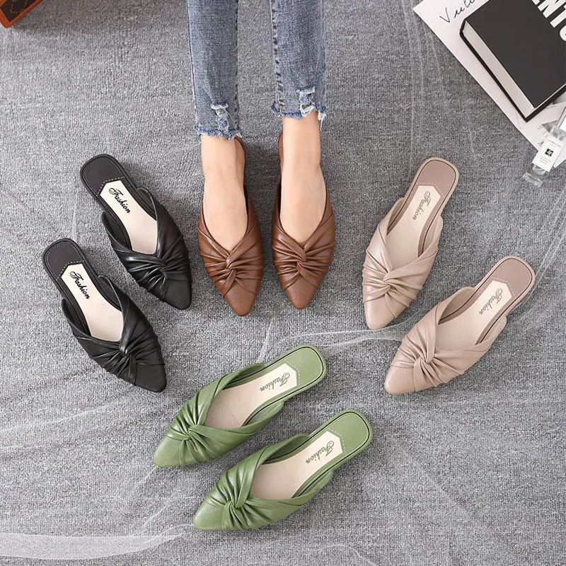 Women's flat mules twist closed toe slide sandals