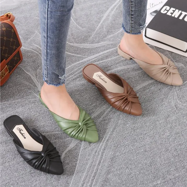 Women's flat mules twist closed toe slide sandals