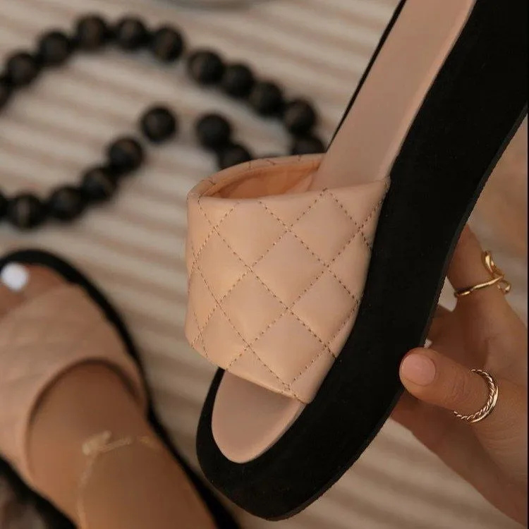 Women's quilted thick platform slides summer round toe casual peep toe sandals