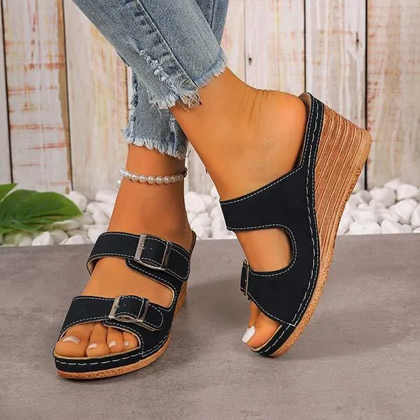 Women's Solid Color Buckle Strap Wedge Sandals 56480144C
