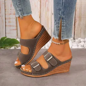 Women's Solid Color Buckle Strap Wedge Sandals 56480144C