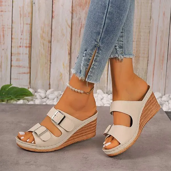 Women's Solid Color Buckle Strap Wedge Sandals 56480144C